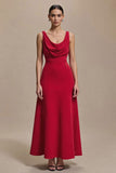 Simple Red Cowl Neck Satin A Line Long Formal Dress