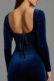 Simple Navy Velvet Long Sleeves Holiday Party Dress