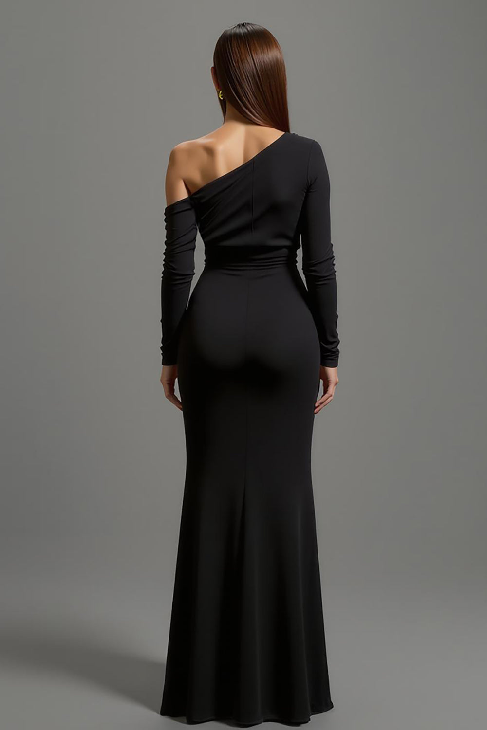 Black Satin One Shoulder Long Formal Dress with Sleeves
