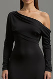 Black Satin One Shoulder Long Formal Dress with Sleeves
