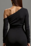 Black Satin One Shoulder Long Formal Dress with Sleeves