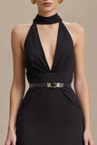 Black Halter Sheath Stain Long Formal Dress with Slit