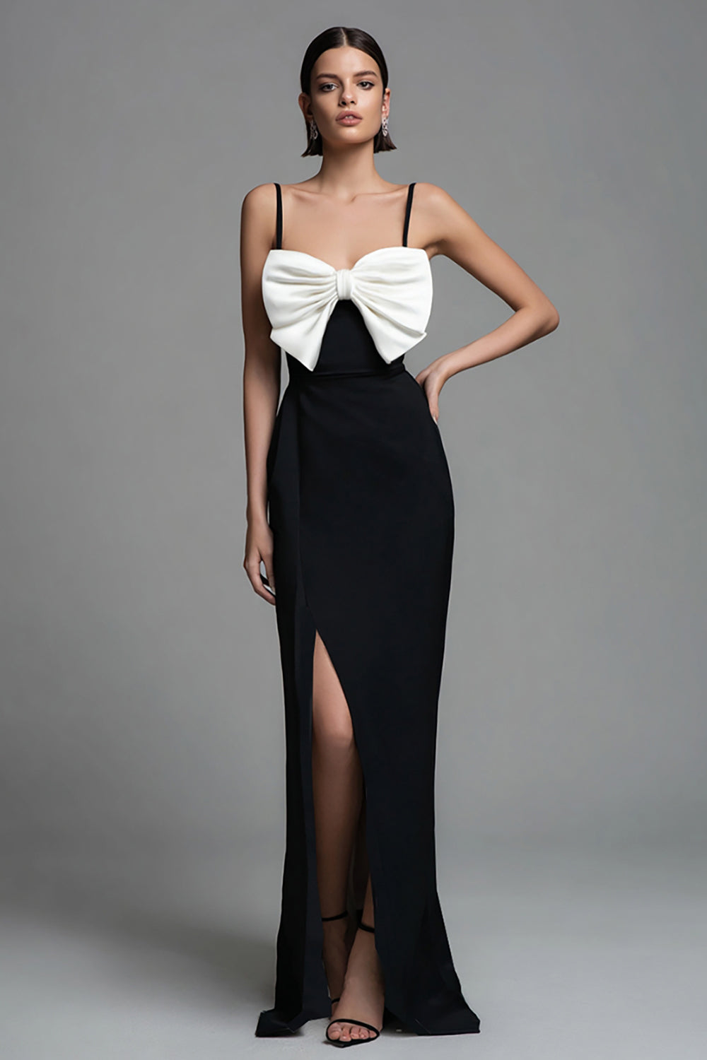 Black and White Bow Spaghetti Straps Sheath Long Formal Dress with Slit