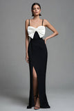 Black and White Bow Spaghetti Straps Sheath Long Formal Dress with Slit