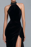 Sparkly Black Velvet High Neck Long Holiday Party Dress with Beading