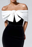 Black and White Velvet Off the Shoulder Maxi Cocktail Dress with Bow