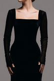 Black Velvet Square Neck Sheath Long Holiday Party Dress with Sleeves