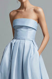 Sky Blue Satin Strapless A Line Long Formal Dress with Pockets
