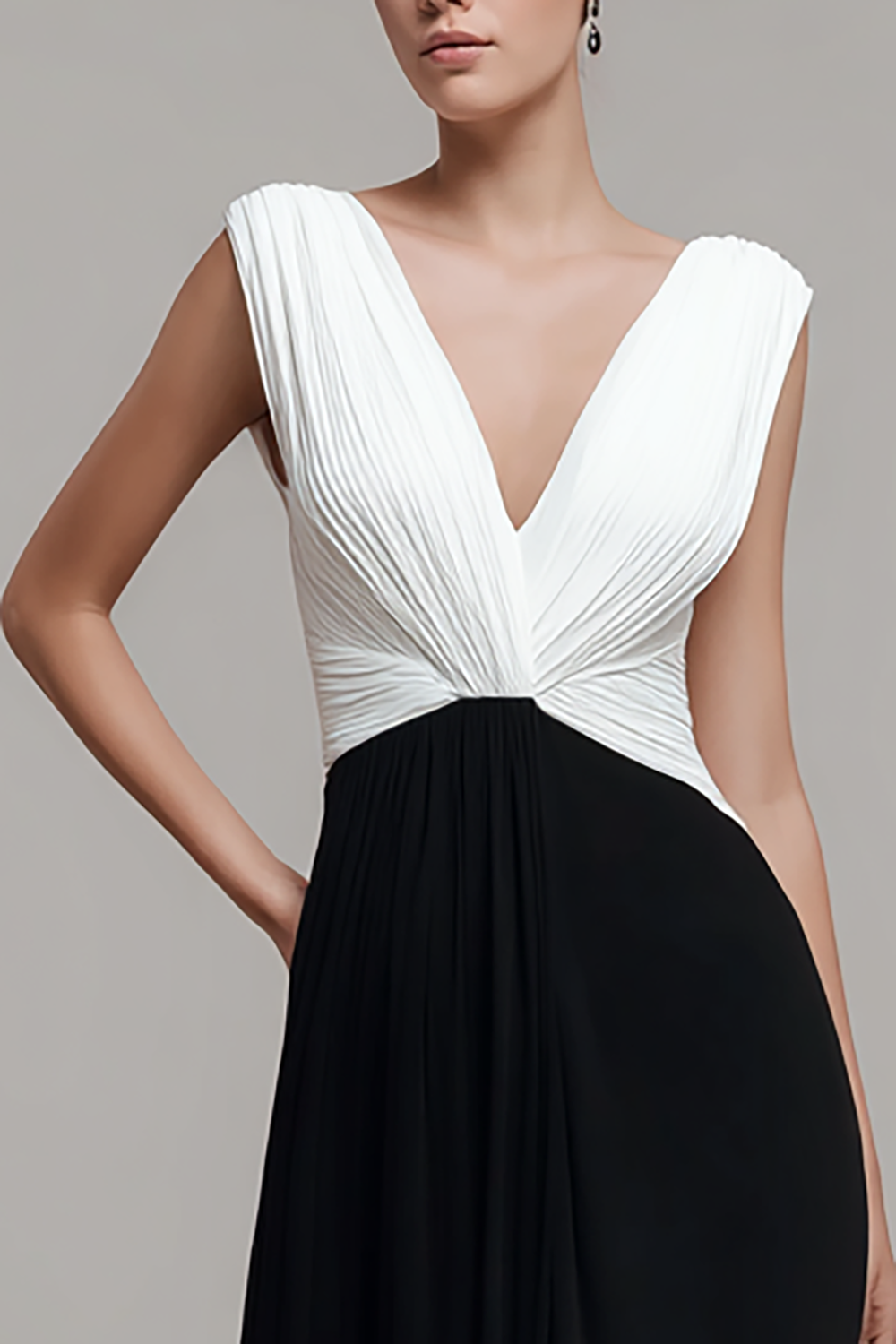 Black and White Chiffon V Neck Long Ruched Formal Dress