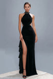 Sheath High Neck Cut Out Long Black Tie Dress with Slit