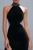 Sheath High Neck Cut Out Long Black Tie Dress with Slit