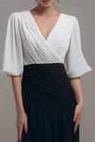 Black and White Chiffon V-Neck Long Formal Dress with Sleeves