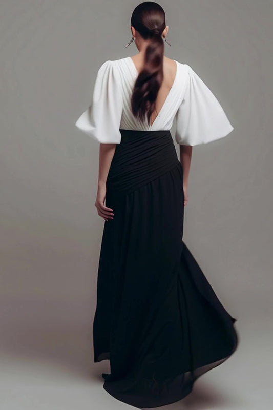 Black and White Chiffon V-Neck Long Formal Dress with Sleeves
