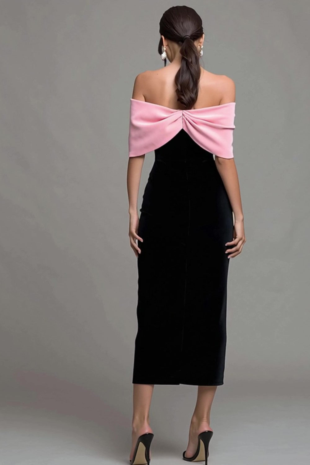 Black and Pink Velvet Off the Shoulder Maxi Holiday Party Dress with Bow