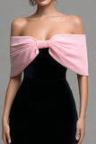 Black and Pink Velvet Off the Shoulder Maxi Holiday Party Dress with Bow