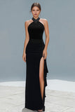 Black Sheath Ruched Long Halter Holiday Party Dress with Slit