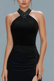 Black Sheath Ruched Long Halter Holiday Party Dress with Slit