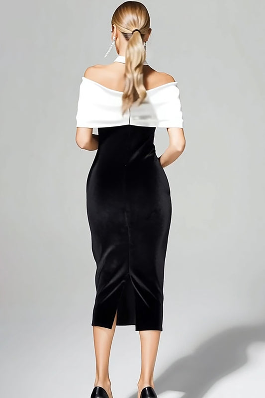 Black and White Velvet Off the Shoulder Maxi Holiday Party Dress with Bow
