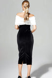 Black and White Velvet Off the Shoulder Maxi Holiday Party Dress with Bow