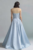 Sky Blue A Line Satin Strapless Ruched Long Formal Dress