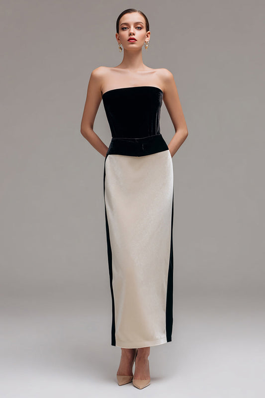 Black and Champagne Strapless Sheath Patchwork Long Holiday Party Dress