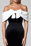 Black and White Off the Shoulder Midi Bodycon Cocktail Dress with Bow