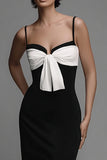 Black and White Sheath Bow Spaghetti Straps Long Formal Dress with Slit
