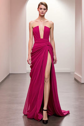 Pink Ruched Strapless Long Evening Dress with Slit