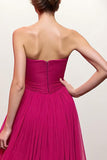 Pink Ruched Strapless Long Evening Dress with Slit