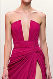 Pink Ruched Strapless Long Evening Dress with Slit