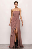Zapakasa Women Blush Ruched Maxi Evening Dress with Slit Strapless Backless Formal Dress