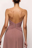 Blush Strapless Backless Ruched Long Evening Dress with Slit