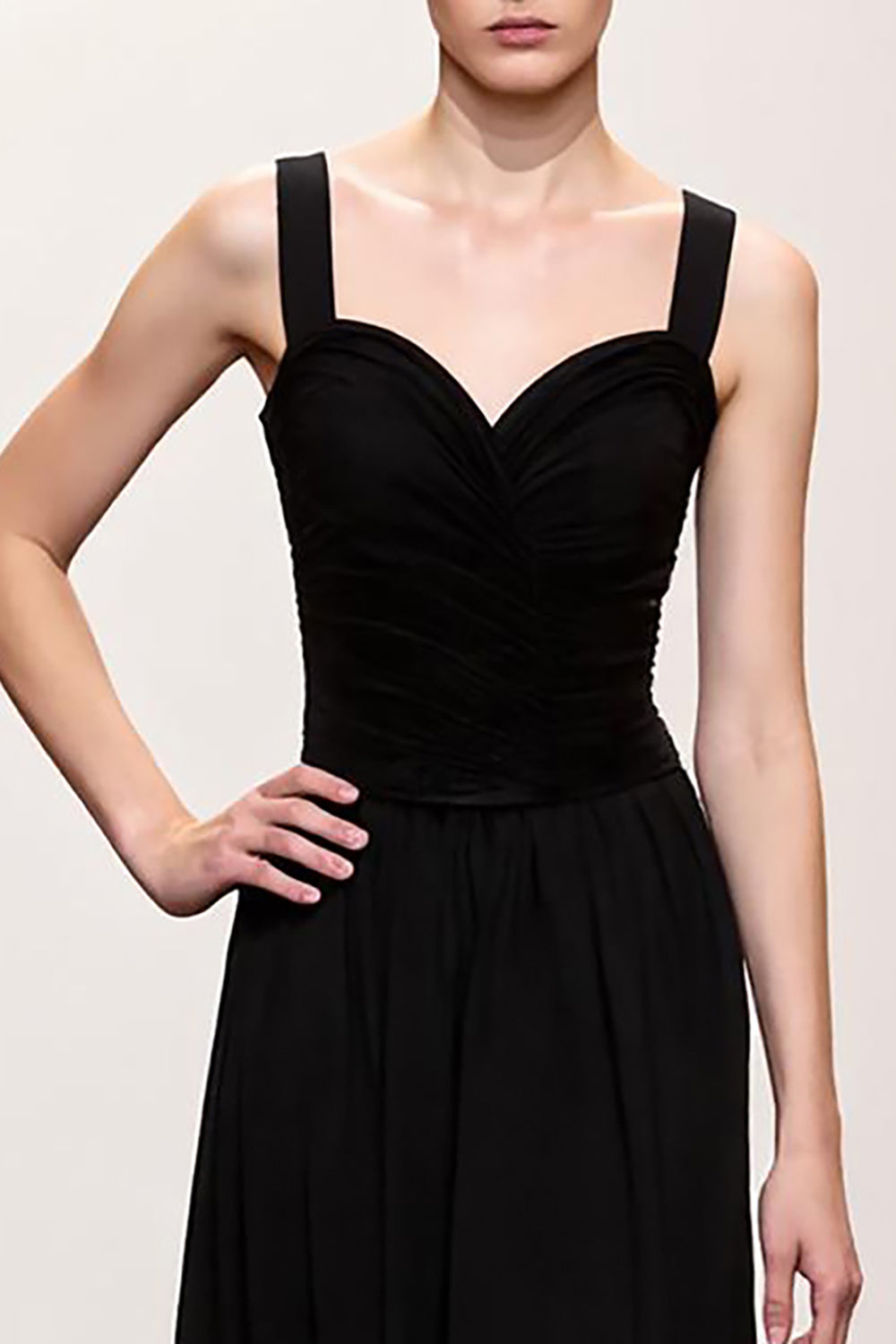 Simple Black Sheath Ruched Straps Long Evening Dress