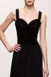 Simple Black Sheath Ruched Straps Long Evening Dress