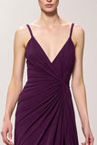 Purple Chiffon V-Neck Ruched A Line Long Evening Dress with Slit