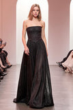 Sparkly Black Strapless Long A Line Evening Dress