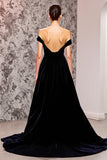 Black Velvet Mermaid Off the Shoulder Sweep Train Holiday Party Dress
