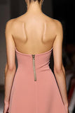 Simple Pink Ruched Strapless Long Evening Dress with Slit