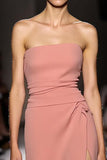 Simple Pink Ruched Strapless Long Evening Dress with Slit