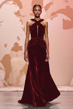 Simple Black Velvet Keyhole Long Evening Dress