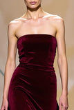 Dark Red Velvet A Line Strapless Long Holiday Party Dress