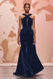 Simple Black Velvet Keyhole Long Evening Dress
