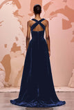 Simple Black Velvet Keyhole Long Evening Dress