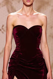Dark Red Velvet Sweetheart Long Evening Dress with Slit