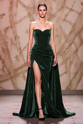 Dark Red Velvet Sweetheart Long Evening Dress with Slit