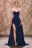 Dark Red Velvet Sweetheart Long Evening Dress with Slit