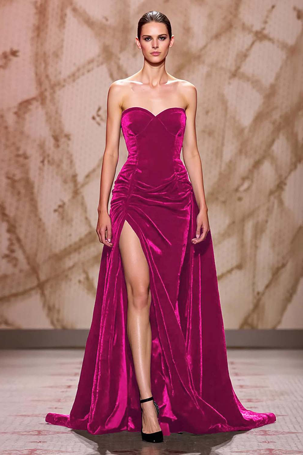 Dark Red Velvet Sweetheart Long Evening Dress with Slit