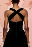 Simple Black Velvet Keyhole Long Evening Dress