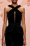 Simple Black Velvet Keyhole Long Evening Dress