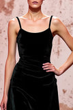 Simple Black Velvet Spaghetti Straps Long Evening Dress